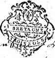 Cliquez, pour accéder à la documentation : photo d'un timbre du Parlement de Bretagne apposé sur un registre paroissial de 1734